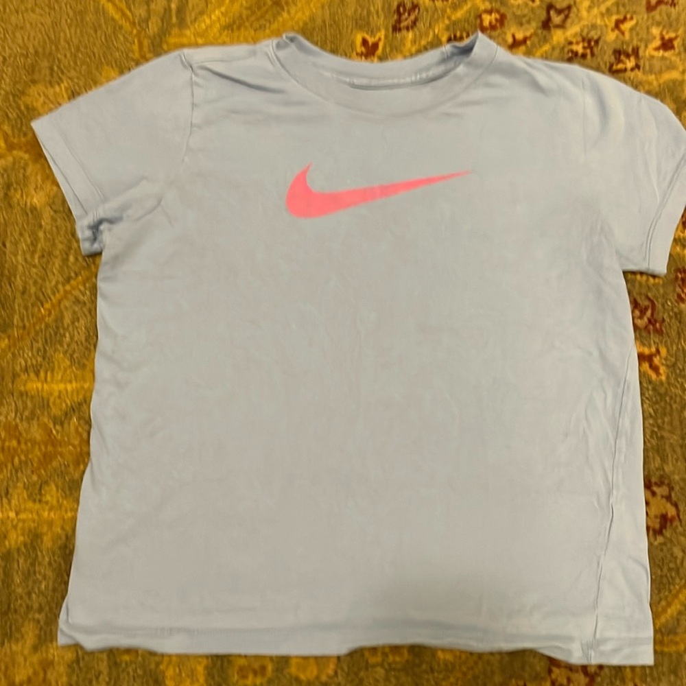 Nike girls L (10-12) logo tee, blue with pink swoosh